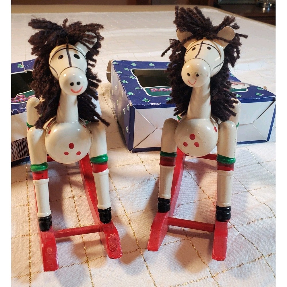 Vtg Rocking Horse Eden's Christmas‎ Co Set Of 2 Wooden Horses Folk Art Retro